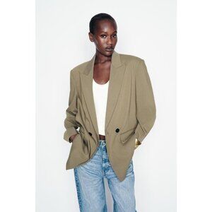 ZARA Womens Blazer Jacket Double-Breasted Oversize Pockets Long Sleeve Khaki XS
